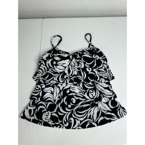 Jamaica Bay Tankini Top Size M Layered Ruffle Floral Print White Black
